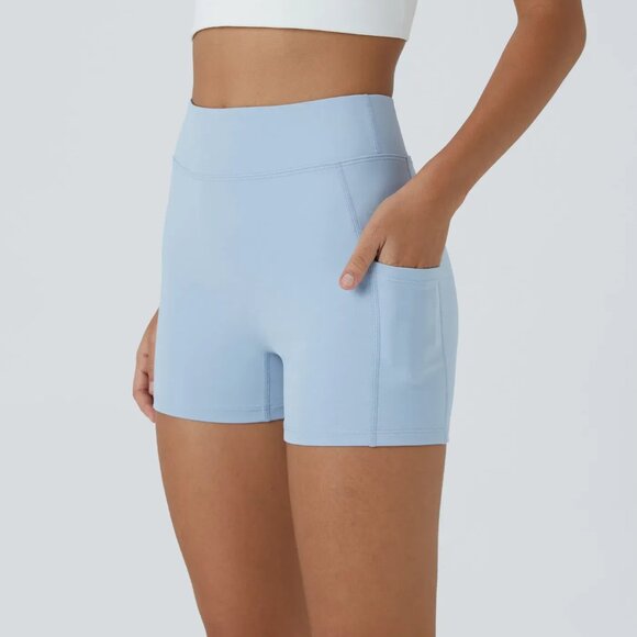 Halara SoftlyZero High-Waisted Pocket Shorts UPF50+ Light Blue Size S - Picture 2 of 3
